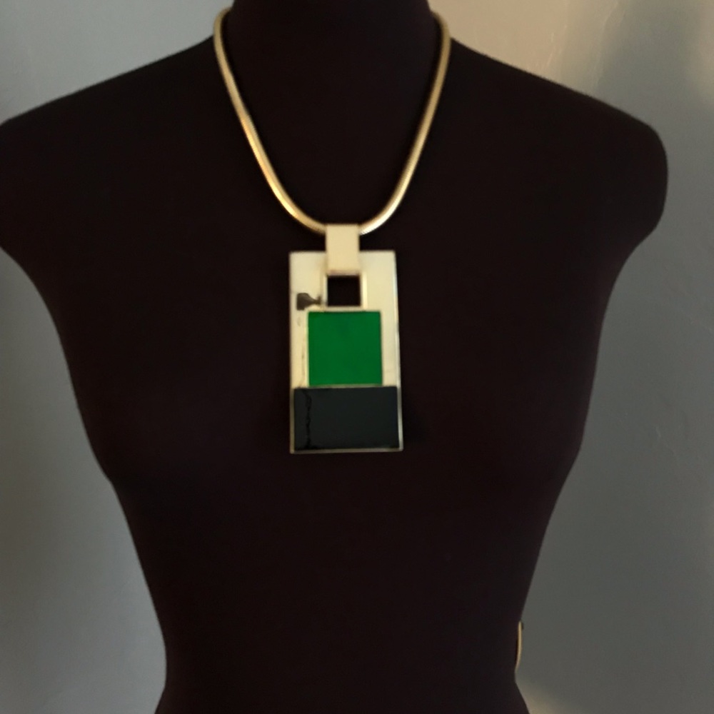 Lanvin Gold-tone Pendant Necklace with Green, Black, and White Inlay